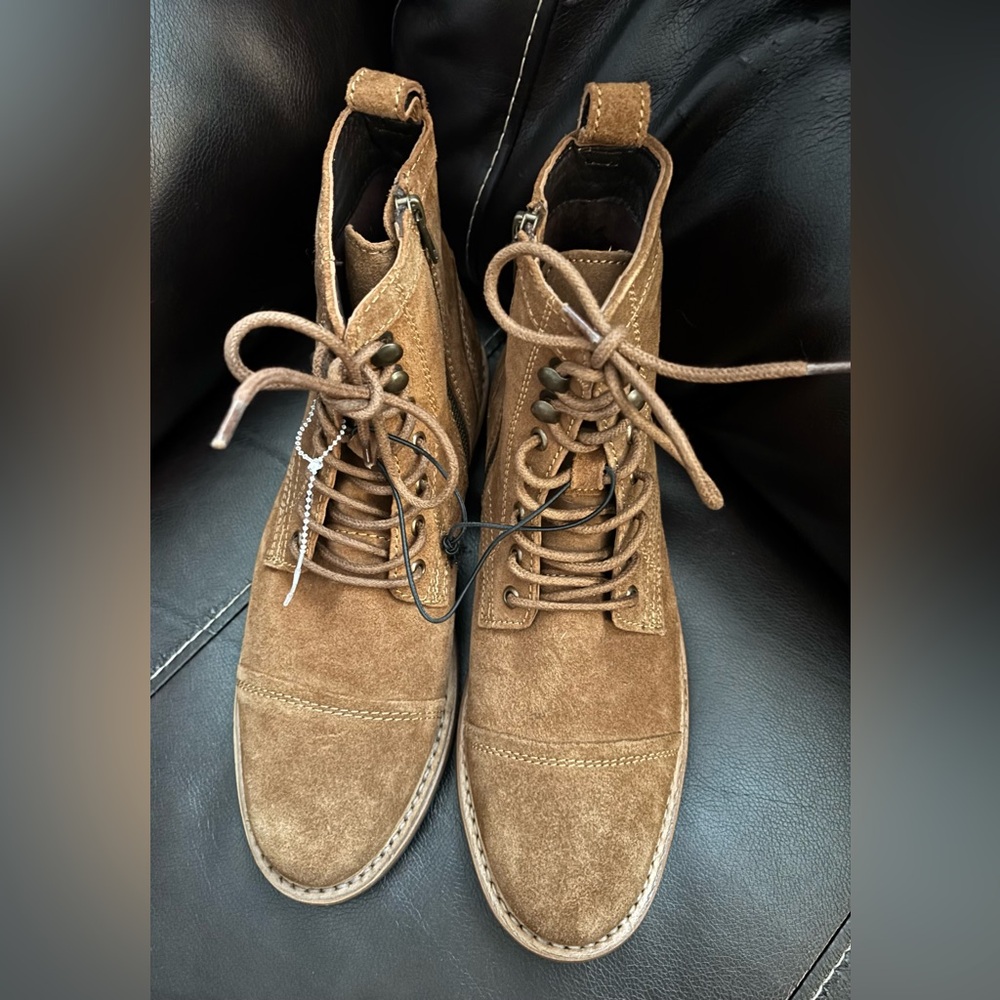 New Frye Russell Mens Side Zip Lace Up Tan Leather Suede Boots Size 10 - Picture 4 of 11